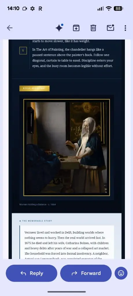 Daily Sublime phone view - Vermeer Woman Holding a Balance
